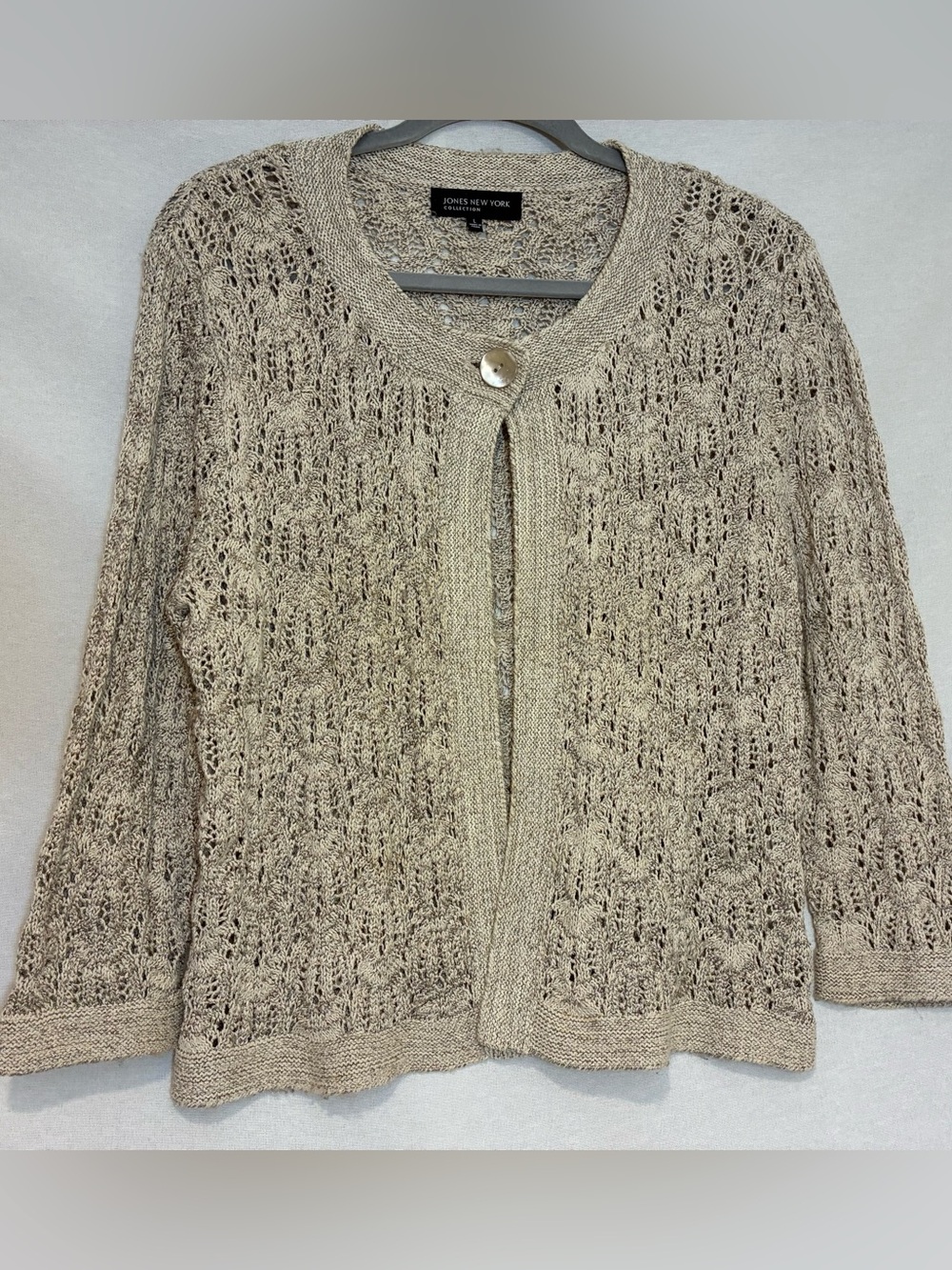 Jones New York Collection Open Knit Crochet Cardigan Sweater Size L Grandma